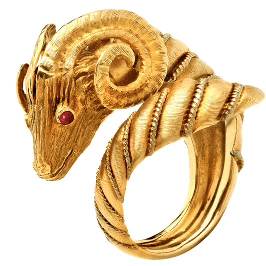 Post-1980s 18KT Yellow Gold Diamond & Ruby Ram Ring front
