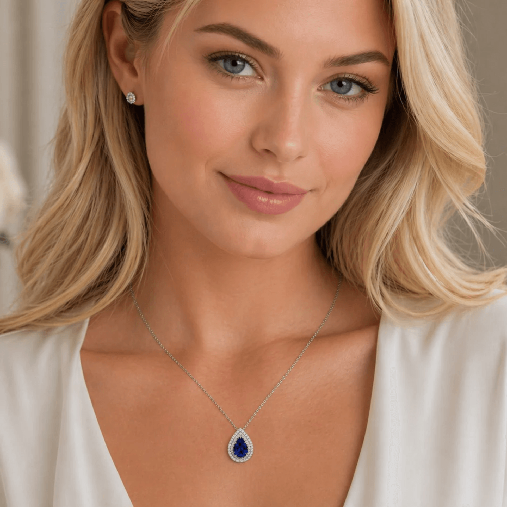 Tiffany & Co. Post-1980s 18KT White Gold Tanzanite & Diamond Necklace on neck