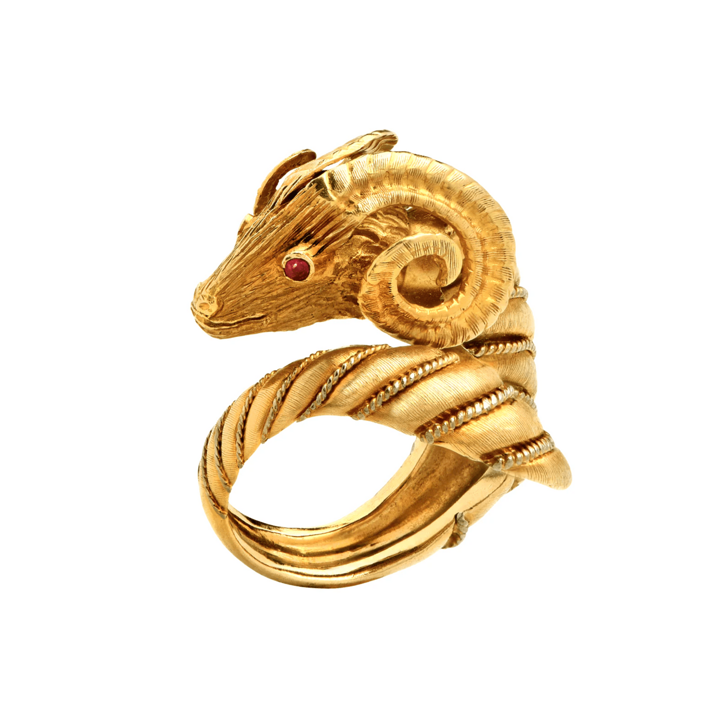 Post-1980s 18KT Yellow Gold Diamond & Ruby Ram Ring front