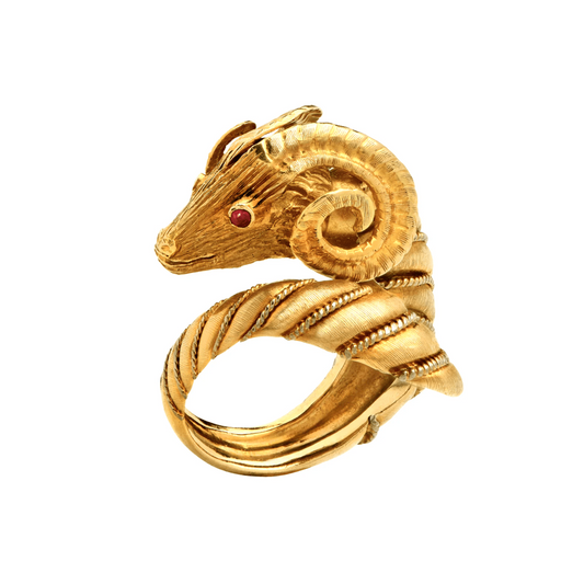 Post-1980s 18KT Yellow Gold Diamond & Ruby Ram Ring front