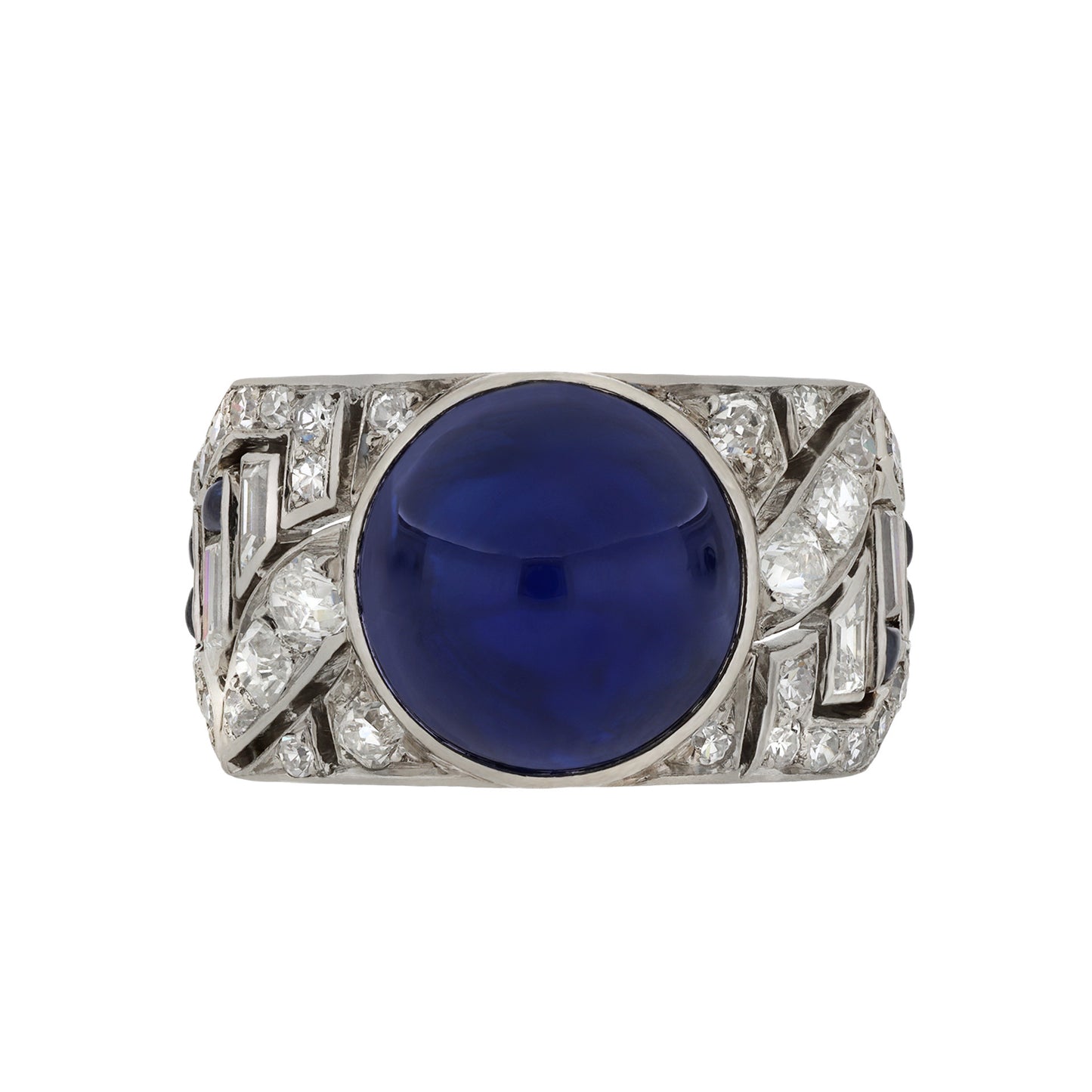 Mauboussin French Art Deco Platinum Sapphire & Diamond Ring front