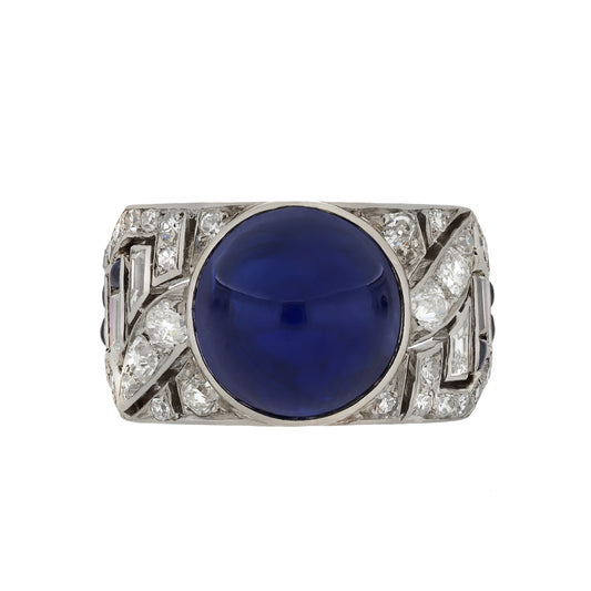 Mauboussin French Art Deco Platinum Sapphire & Diamond Ring front