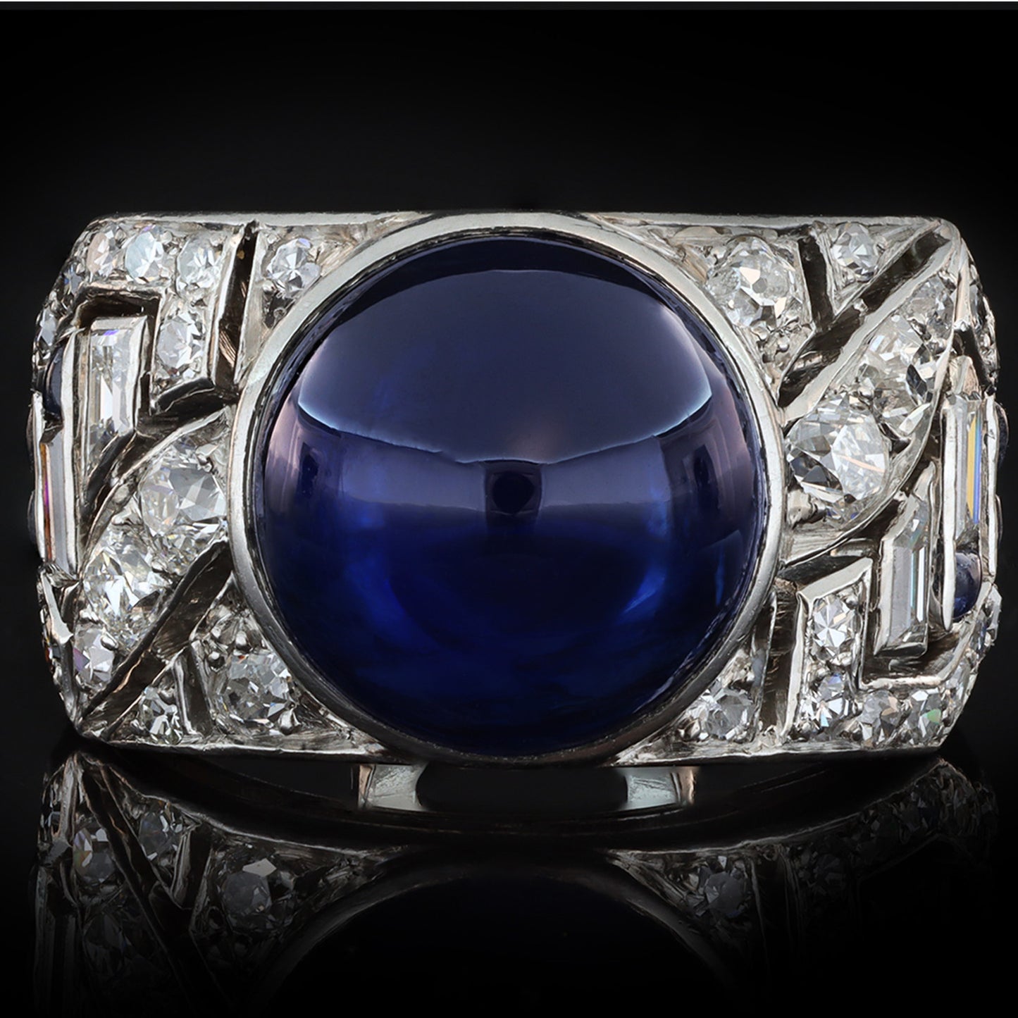 Mauboussin French Art Deco Platinum Sapphire & Diamond Ring front