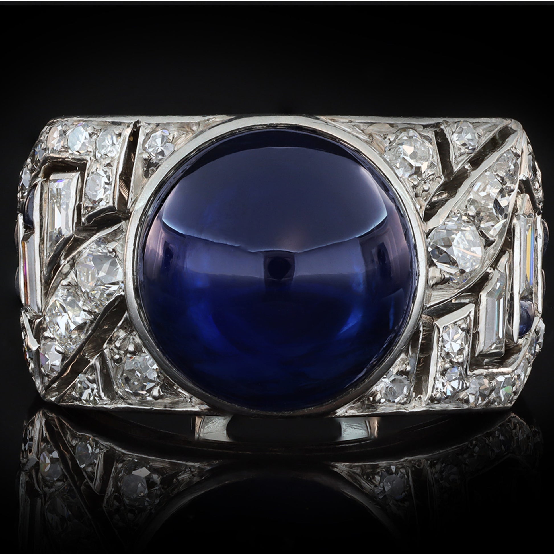 Mauboussin French Art Deco Platinum Sapphire & Diamond Ring front