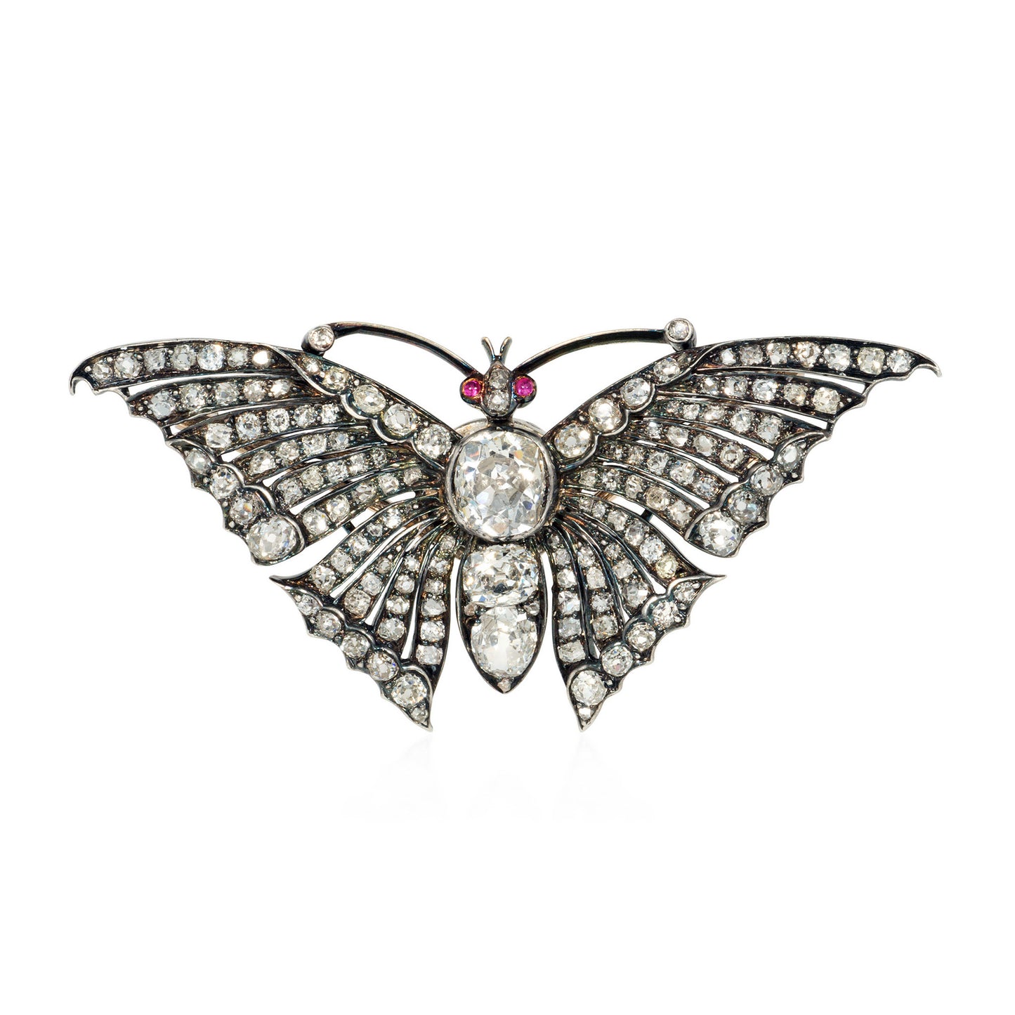 Victorian Silver & 18KT Yellow Gold Diamond & Ruby Butterfly Brooch front