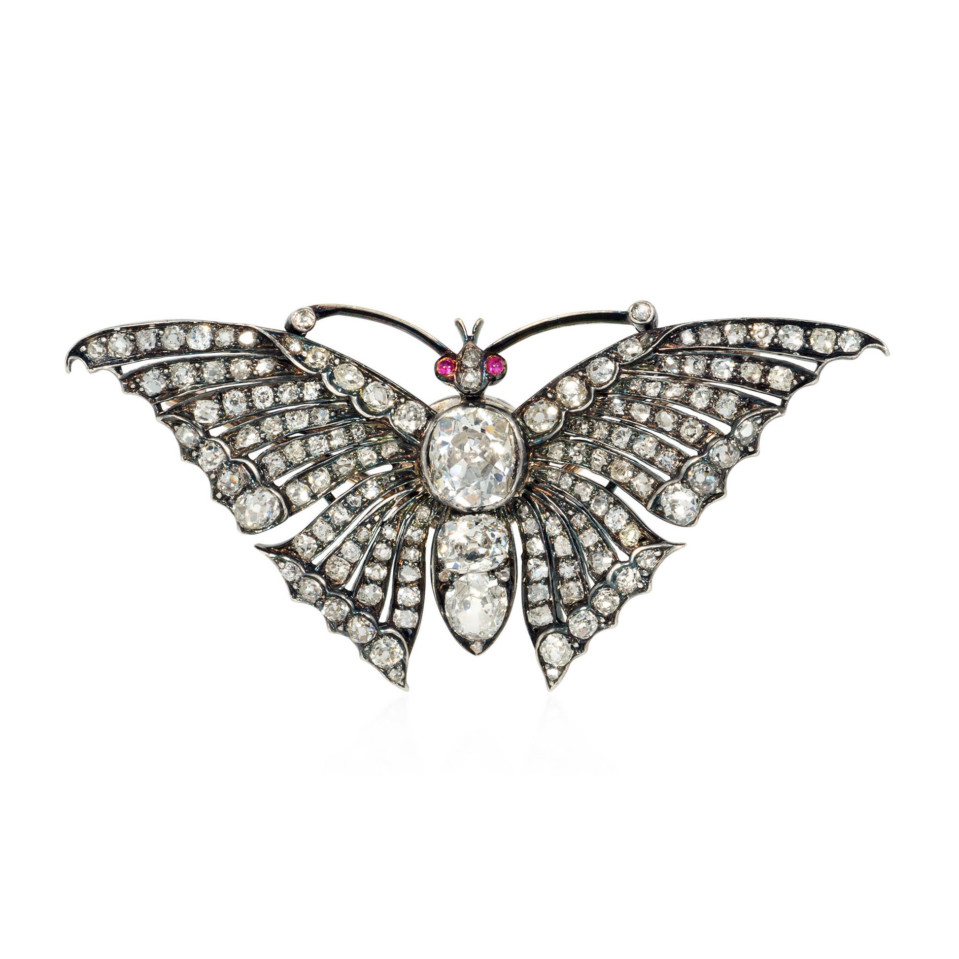 Victorian Silver & 18KT Yellow Gold Diamond & Ruby Butterfly Brooch front