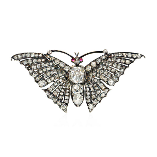 Victorian Silver & 18KT Yellow Gold Diamond & Ruby Butterfly Brooch front