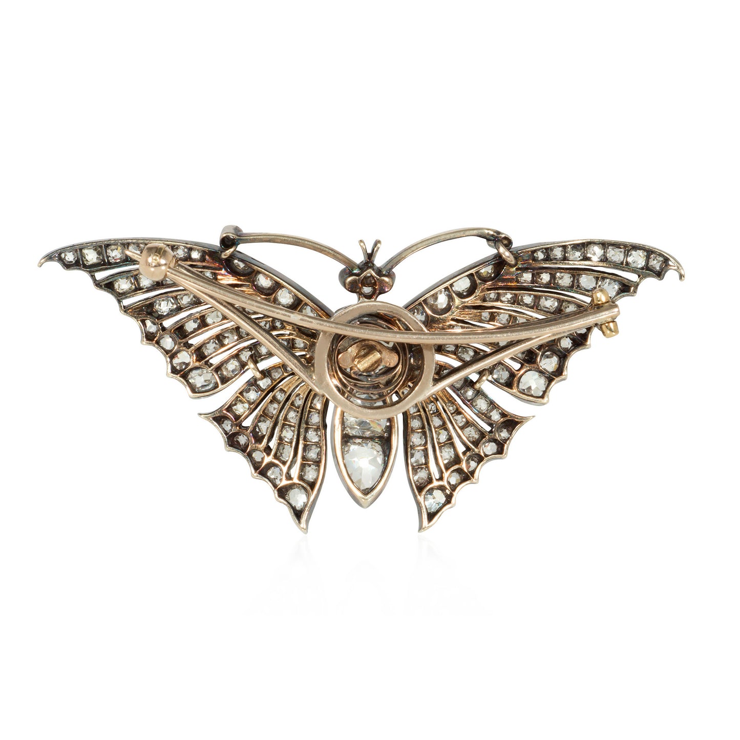 Victorian Silver & 18KT Yellow Gold Diamond & Ruby Butterfly Brooch back