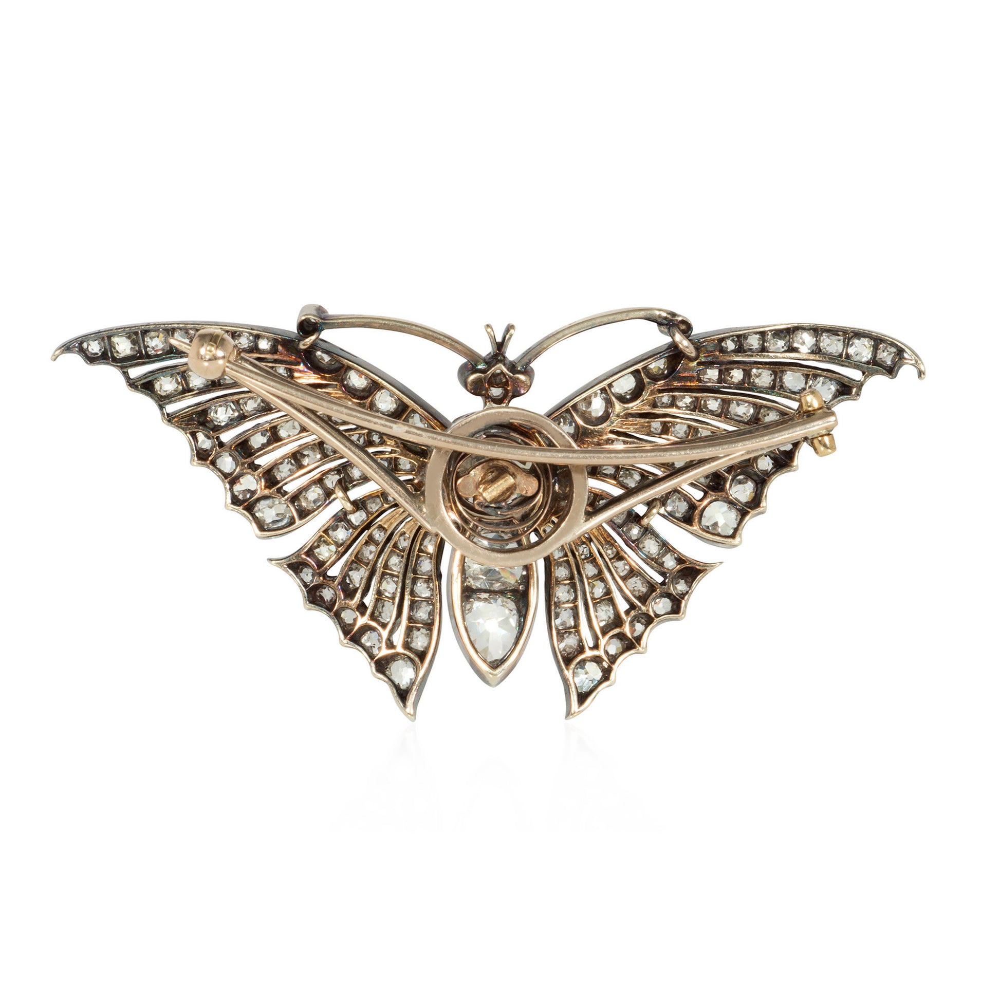 Victorian Silver & 18KT Yellow Gold Diamond & Ruby Butterfly Brooch back