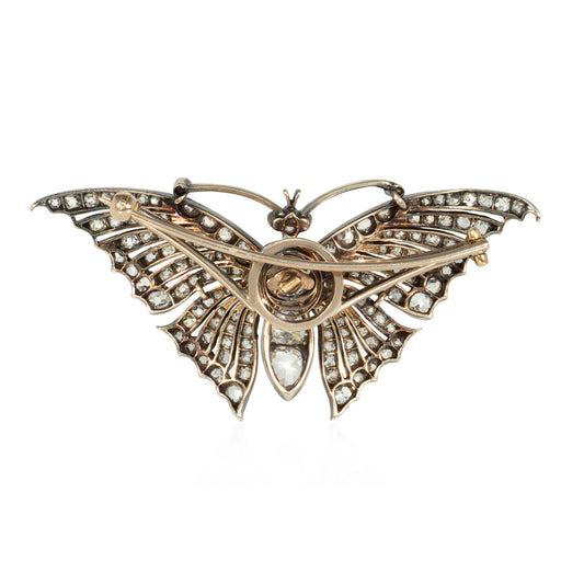 Victorian Silver & 18KT Yellow Gold Diamond & Ruby Butterfly Brooch back