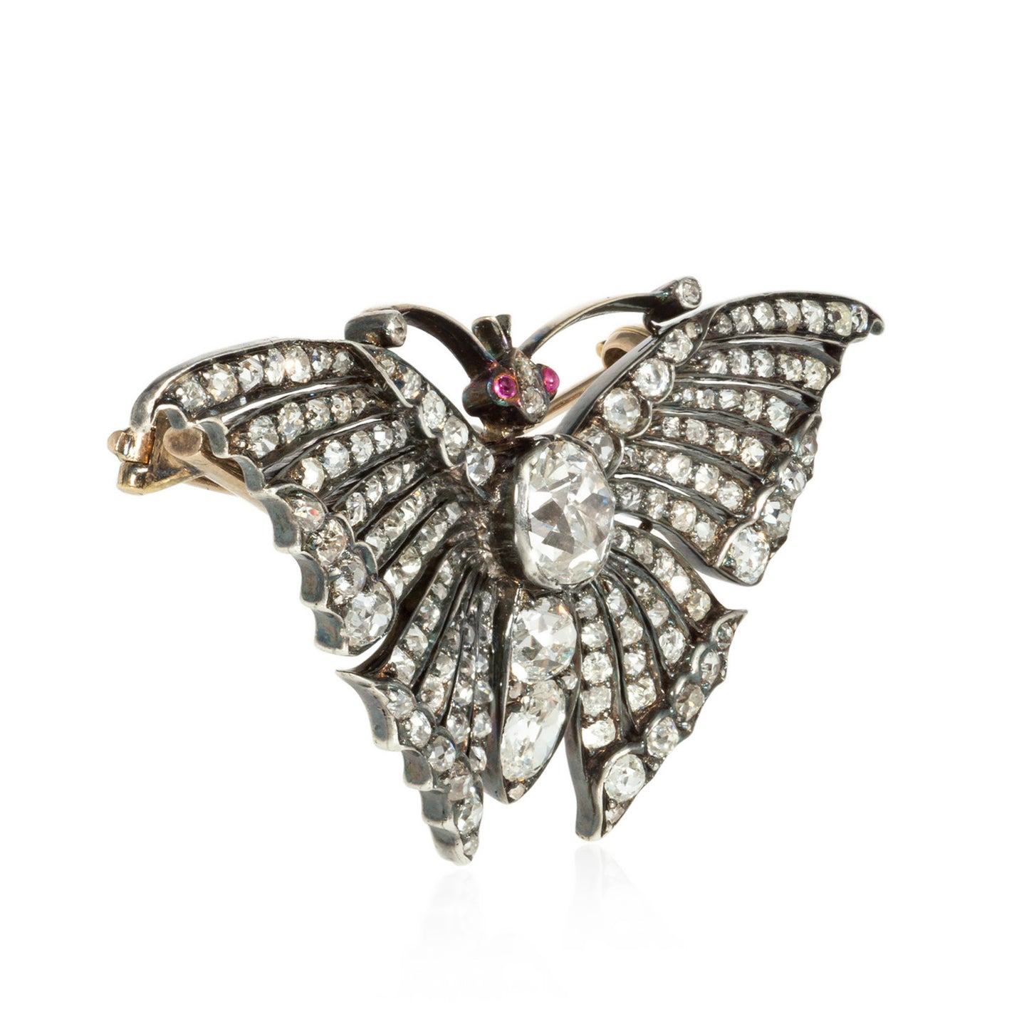 Victorian Silver & 18KT Yellow Gold Diamond & Ruby Butterfly Brooch side