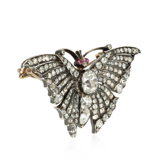 Victorian Silver & 18KT Yellow Gold Diamond & Ruby Butterfly Brooch side