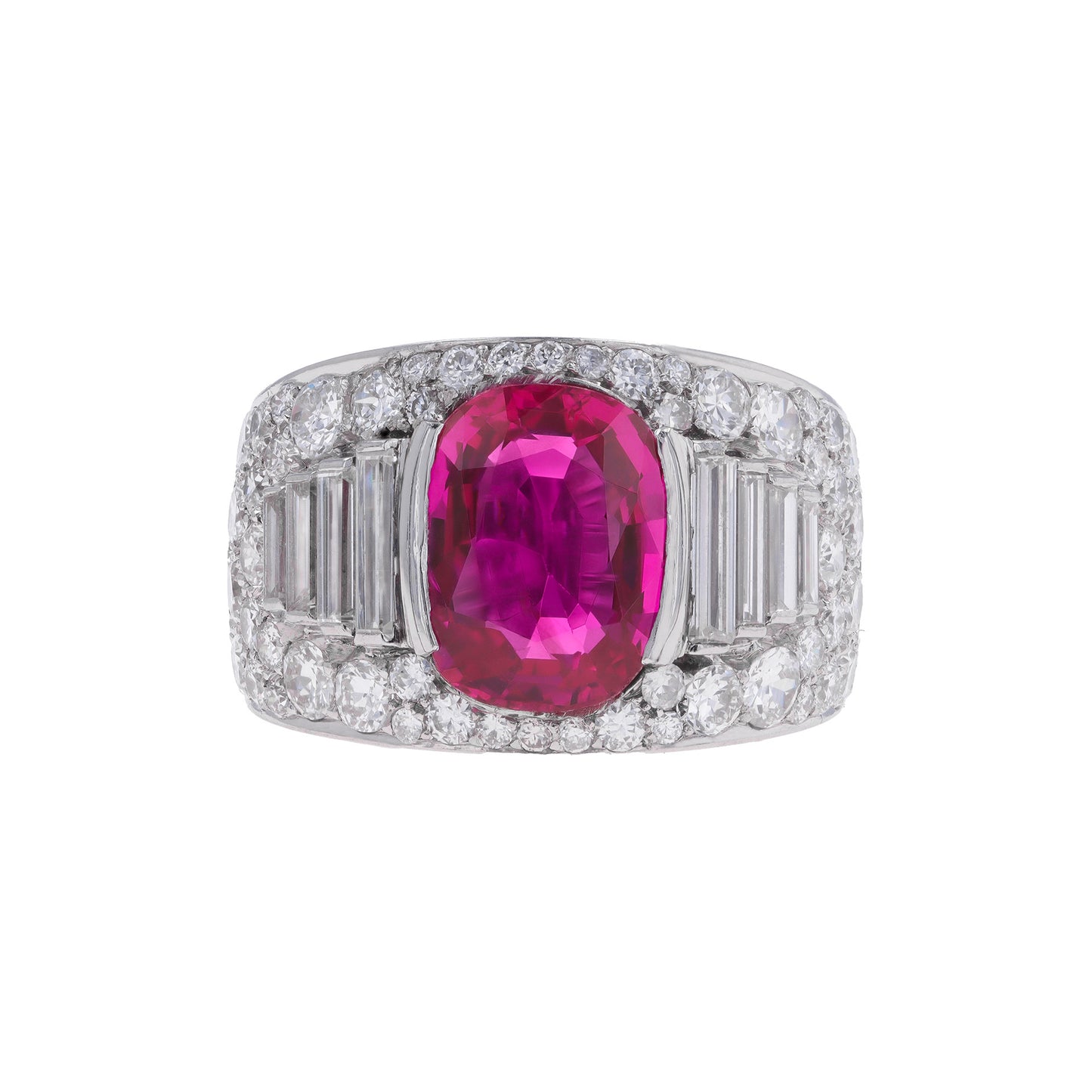 Bulgari 1940s Platinum Ruby & Diamond Trombino Ring front