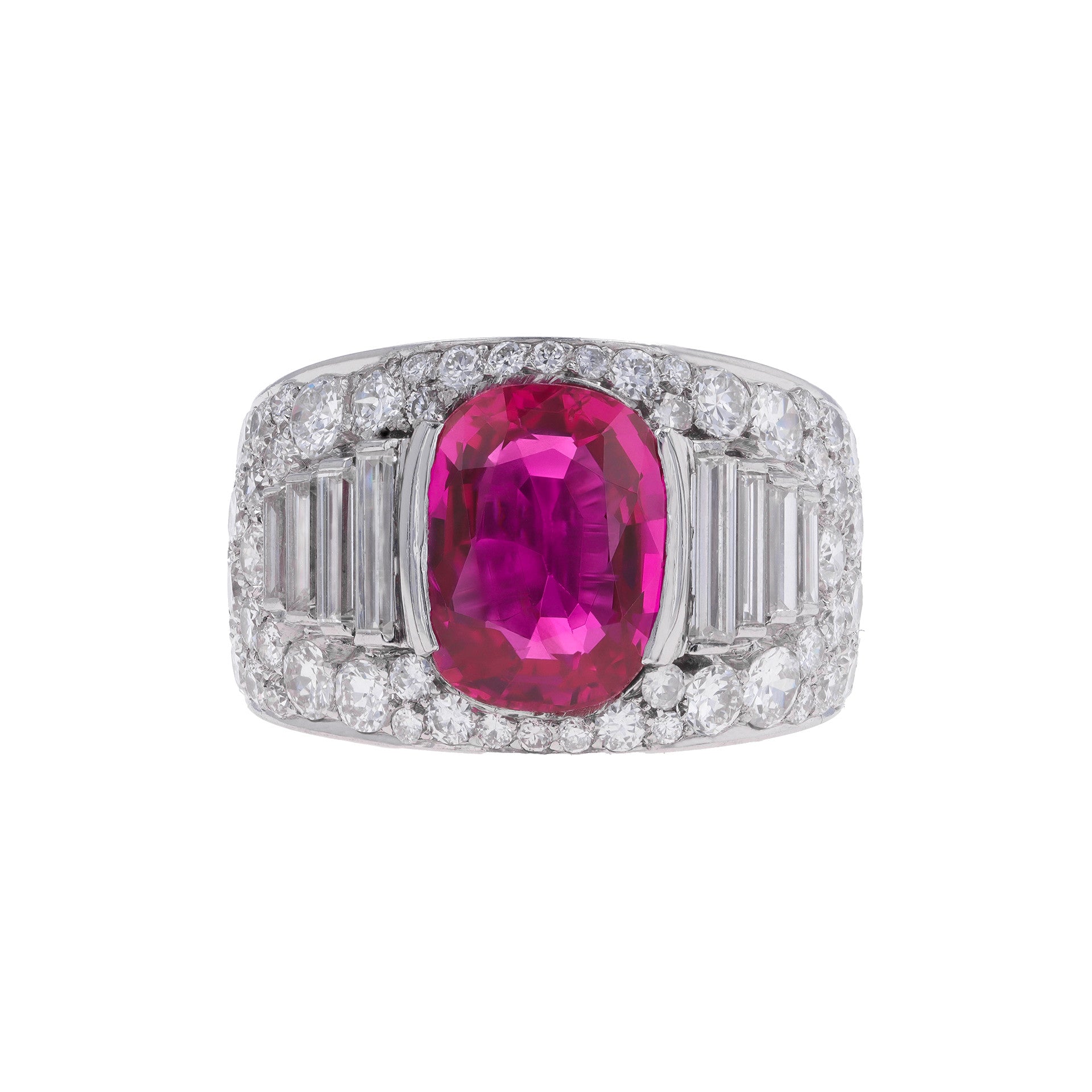 Bulgari 1940s Platinum Ruby & Diamond Trombino Ring front