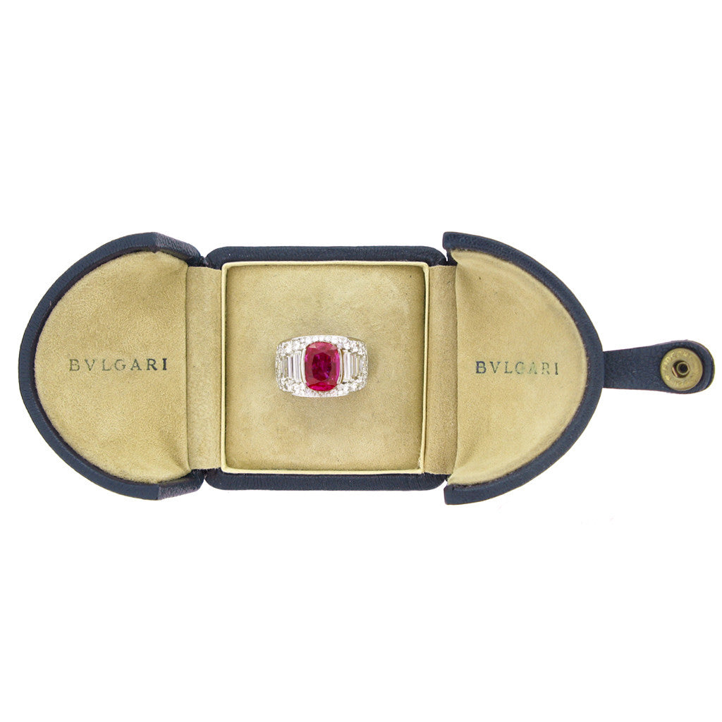 Bulgari 1940s Platinum Ruby & Diamond Trombino Ring in box