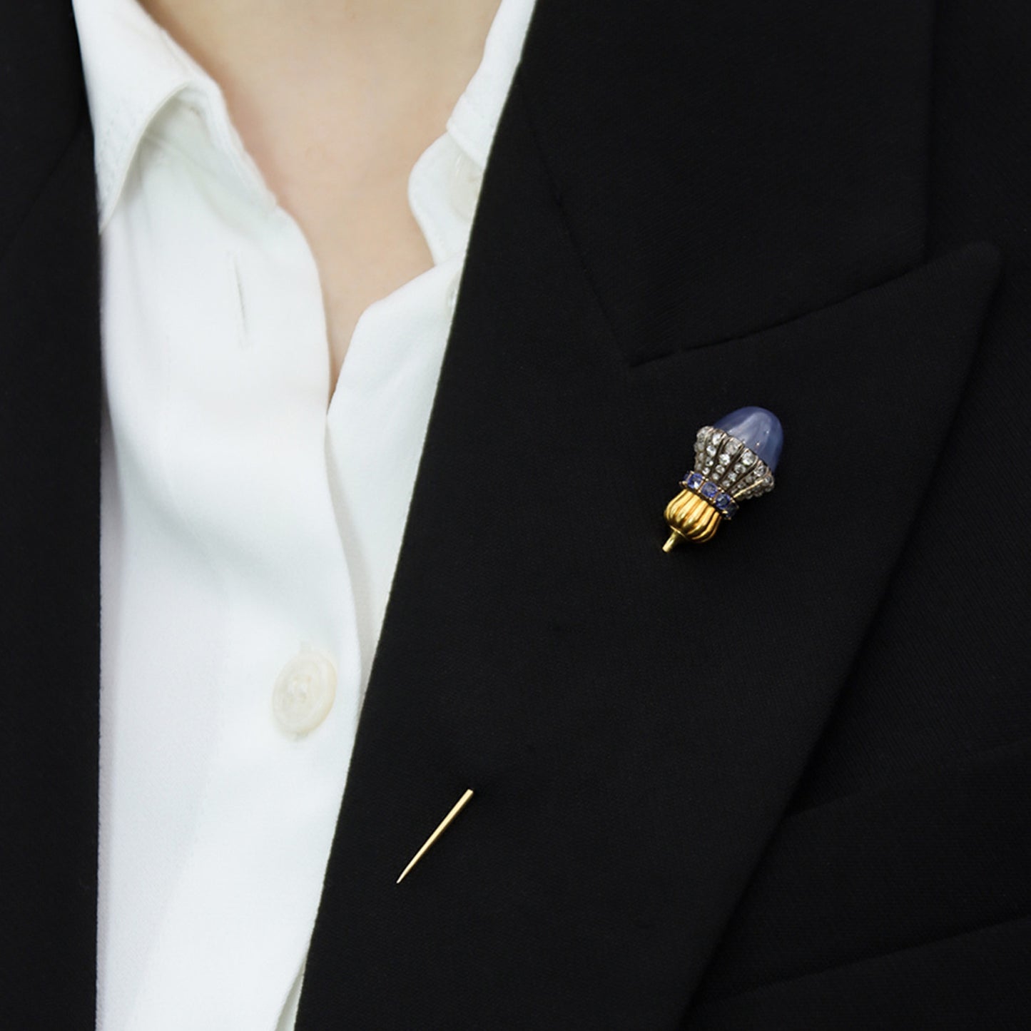 Victorian Silver & 18KT Yellow Gold Star Sapphire & Diamond Pin on lapel