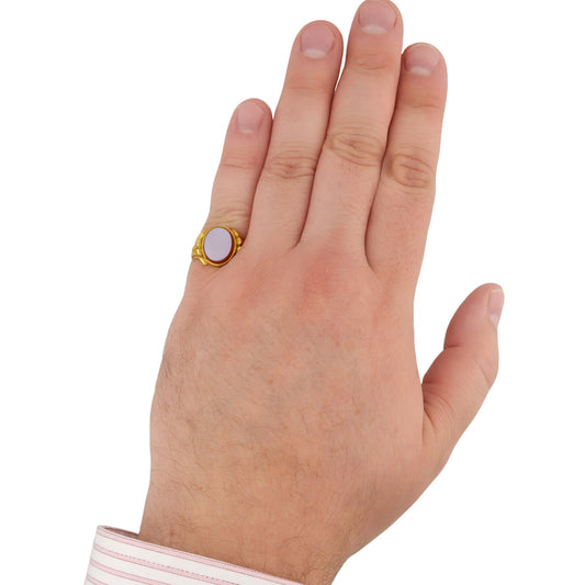 Henry Griffith & Sons English Victorian 18KT Yellow Gold Sardonyx Signet Ring on finger