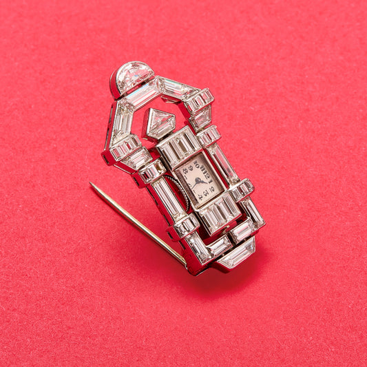 Lacloche Freres Paris Art Deco Platinum Diamond Watch Brooch front