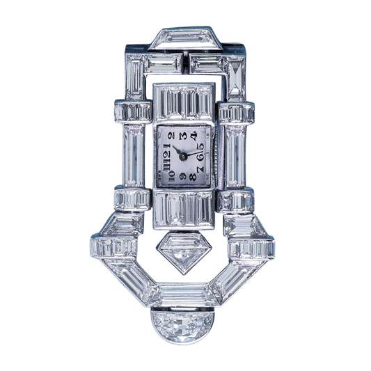 Lacloche Freres Paris Art Deco Platinum Diamond Watch Brooch front