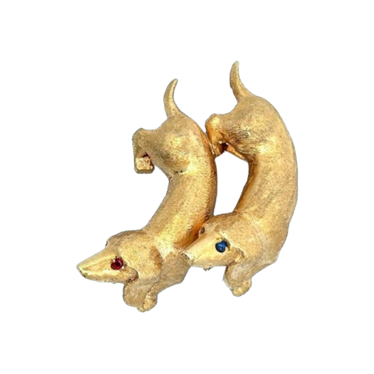 Cartier Paris 1950s 18KT Yellow Gold Ruby & Sapphire Dog Brooch front