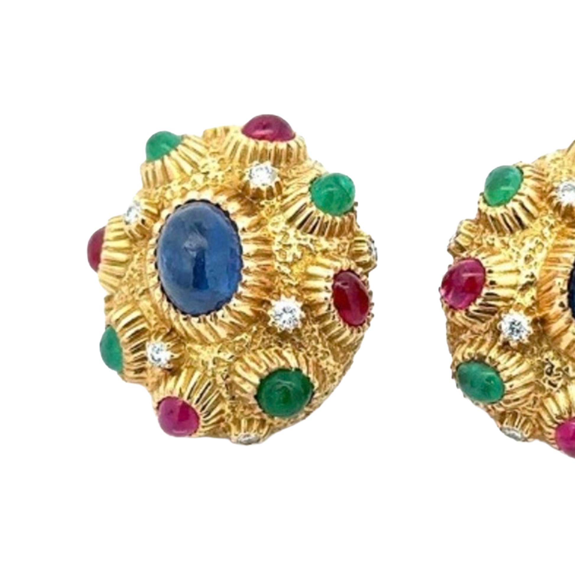 Van Cleef & Arpels French 1970s 18KT Yellow Gold Sapphire, Diamond, Emerald & Ruby Earrings front