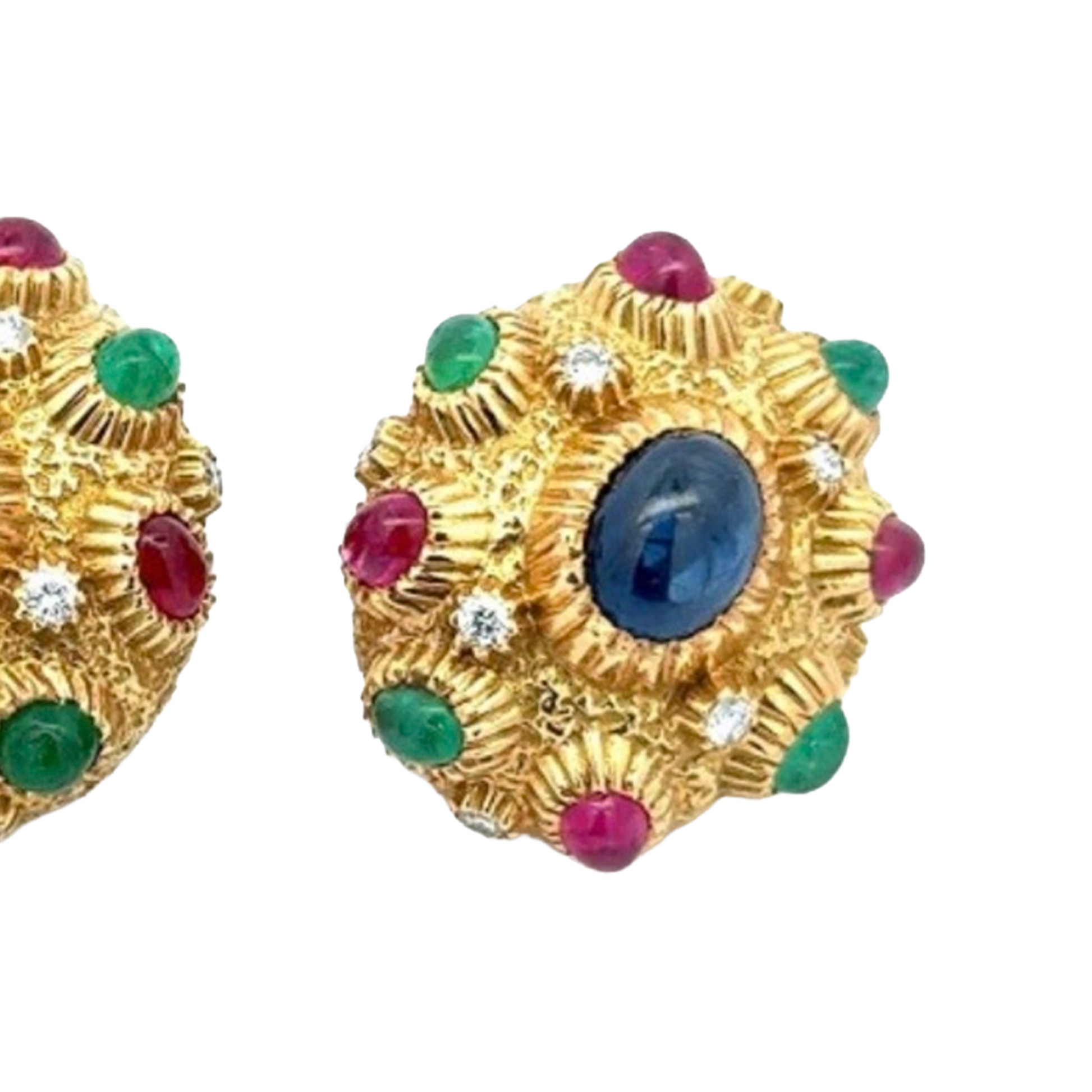 Van Cleef & Arpels French 1970s 18KT Yellow Gold Sapphire, Diamond, Emerald & Ruby Earrings front