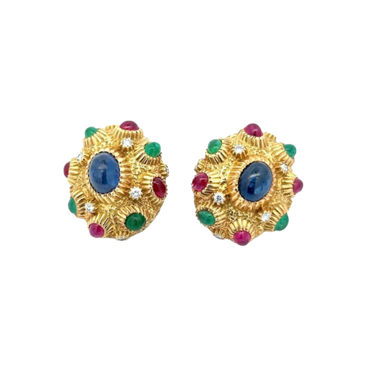 Van Cleef & Arpels French 1970s 18KT Yellow Gold Sapphire, Diamond, Emerald & Ruby Earrings front