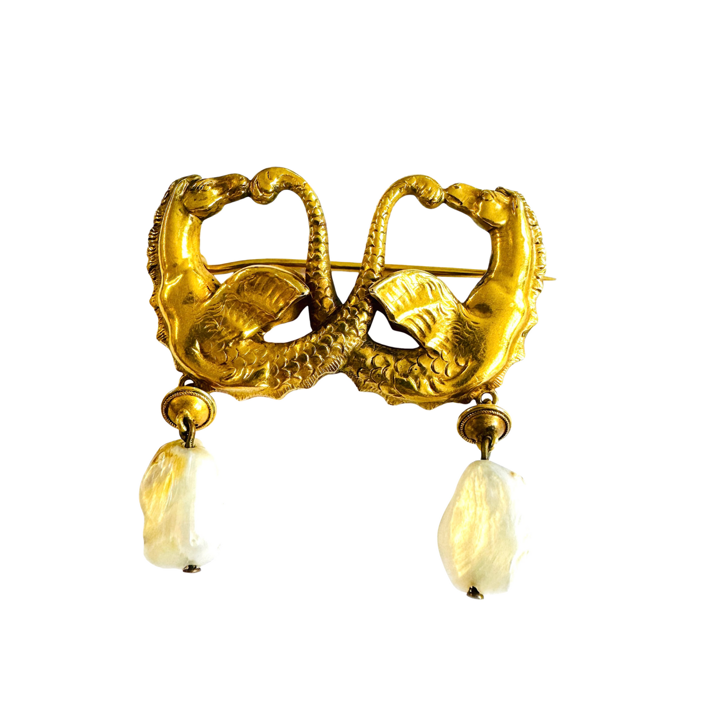 Art Nouveau 14KT Yellow Gold Natural Pearl Hippocampi Brooch front