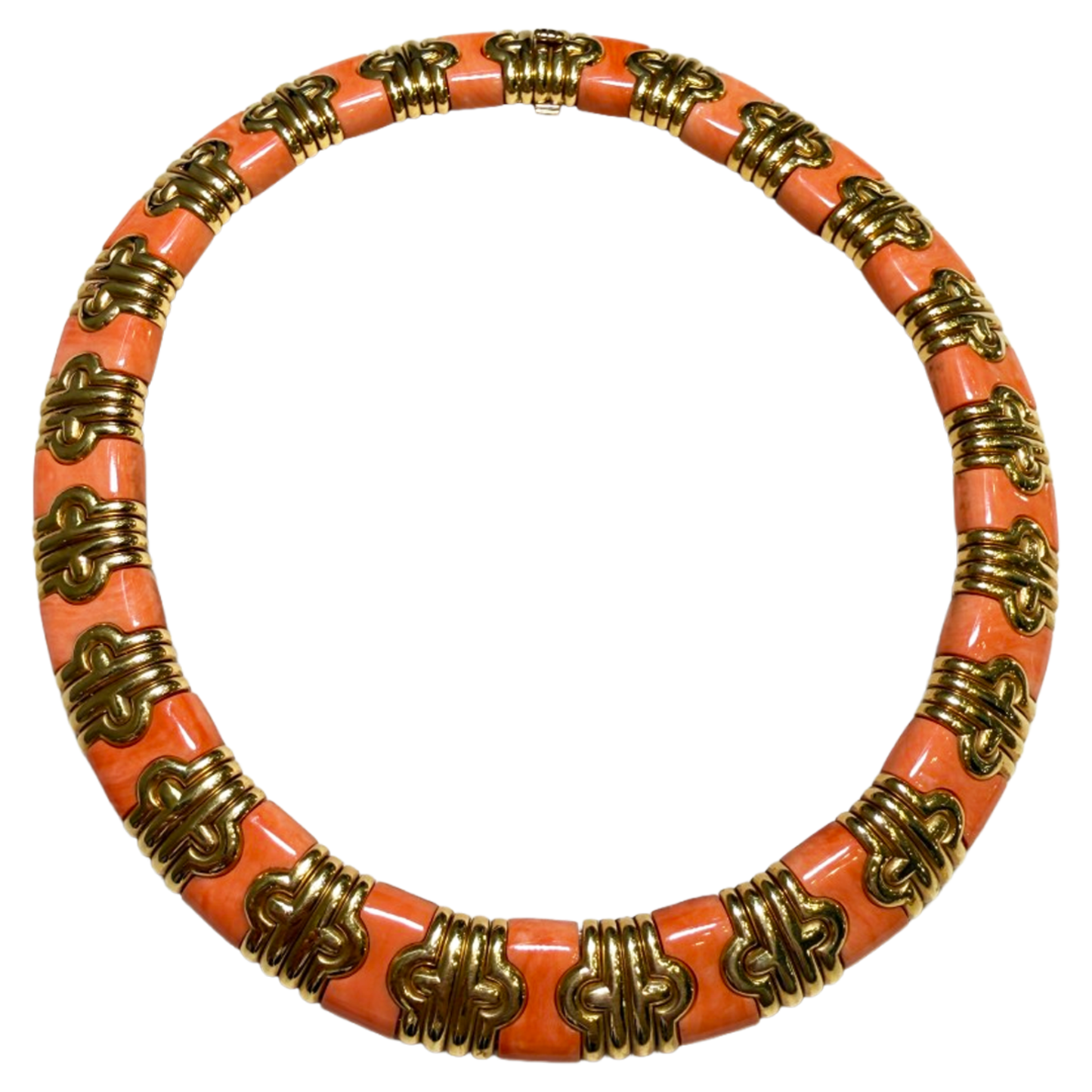 Bulgari Italy 1980s 18KT Yellow Gold Coral Parentesi Necklace front