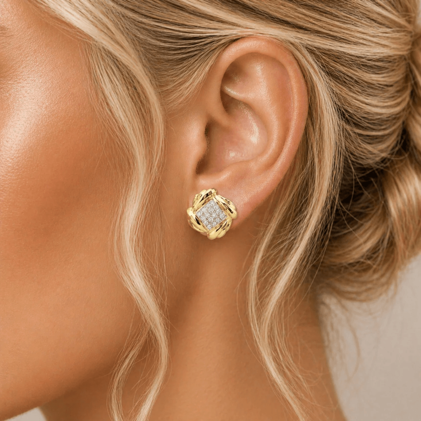 Post-1980s 14KT Yellow Gold Diamond Earrings on ear