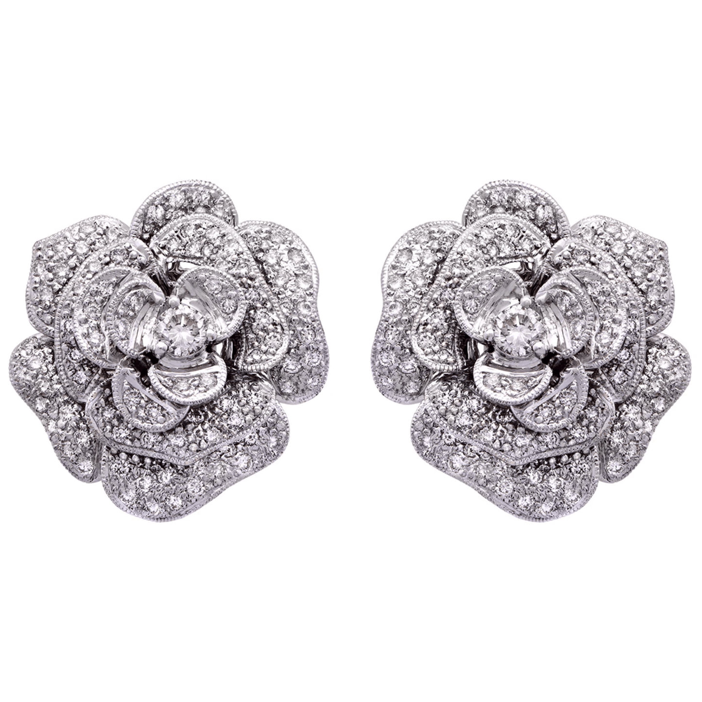Post-1980s 18KT White Gold Diamond Flower Earrings front