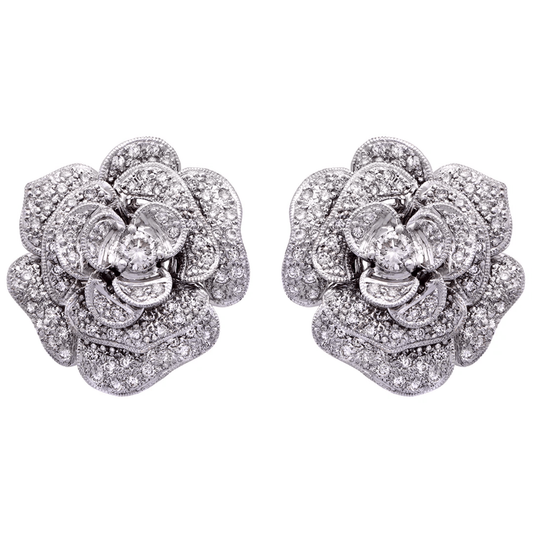 Post-1980s 18KT White Gold Diamond Flower Earrings front