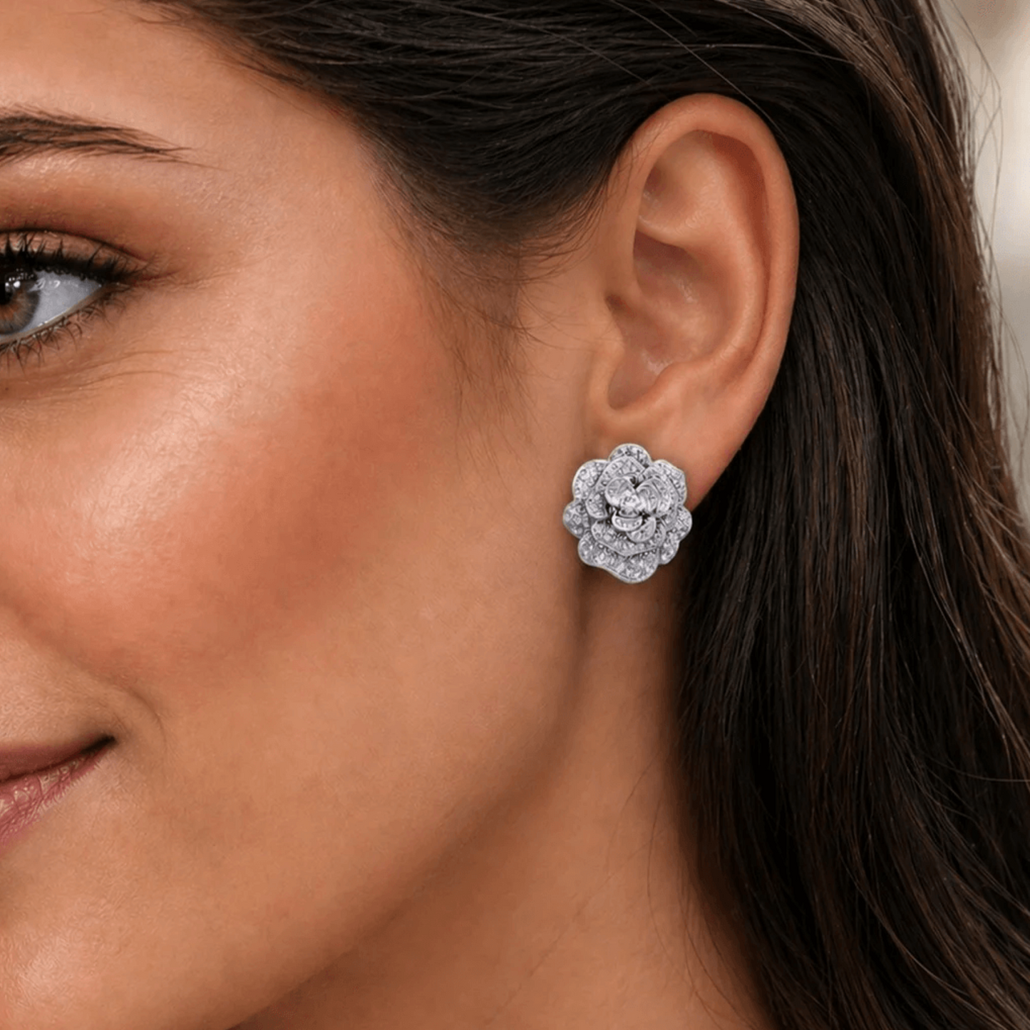 Post-1980s 18KT White Gold Diamond Flower Earrings on ear