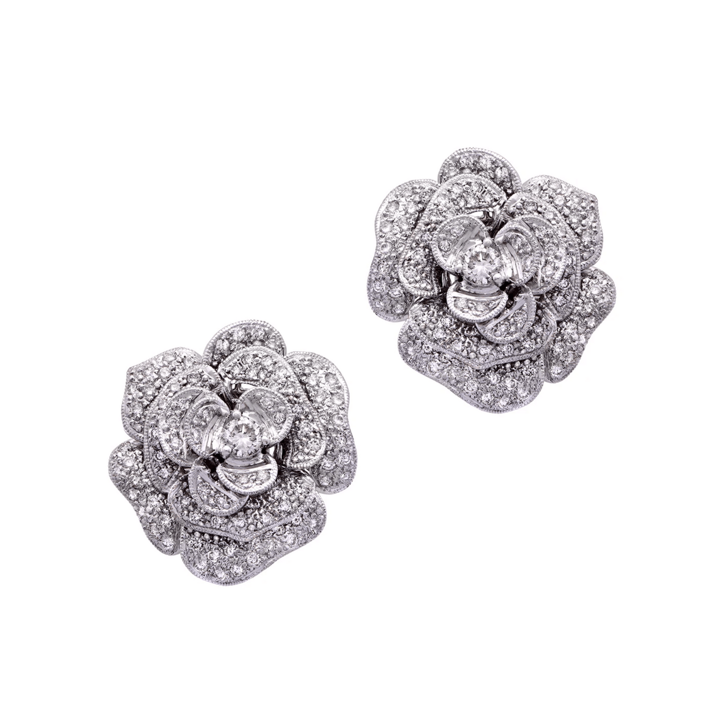 Post-1980s 18KT White Gold Diamond Flower Earrings front