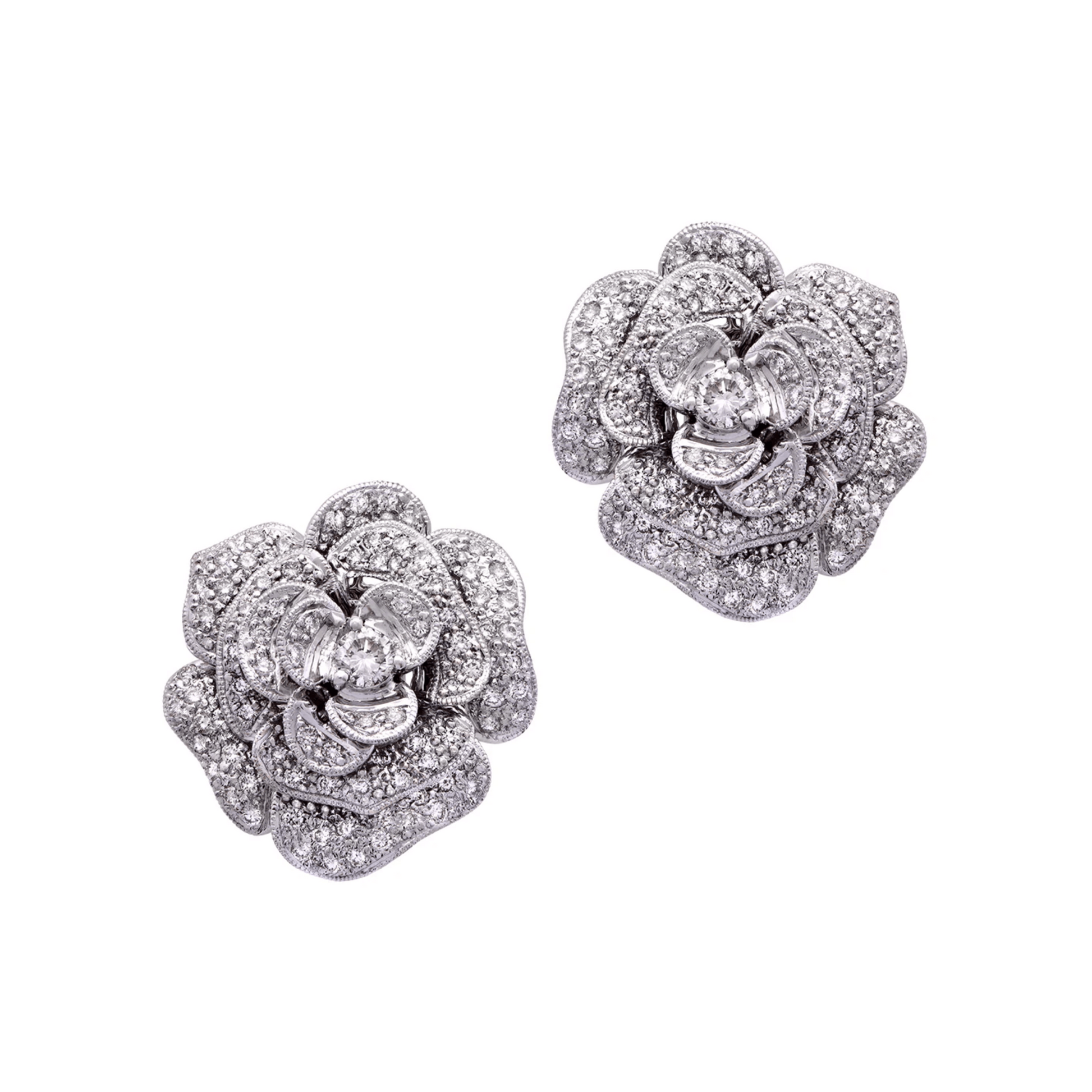 Post-1980s 18KT White Gold Diamond Flower Earrings front