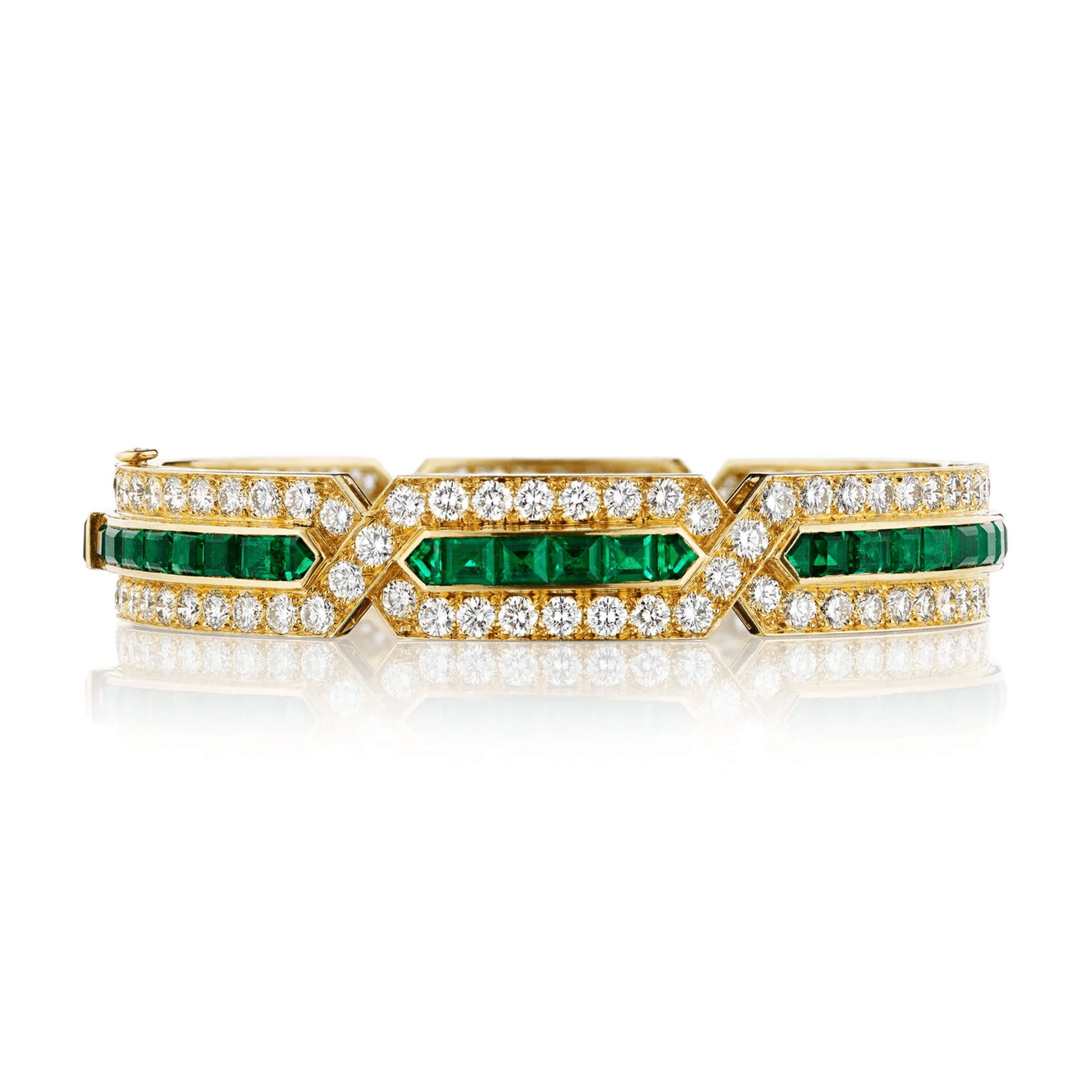 Van Cleef & Arpels Paris 1980s 18KT Yellow Gold Emerald & Diamond Bracelet front