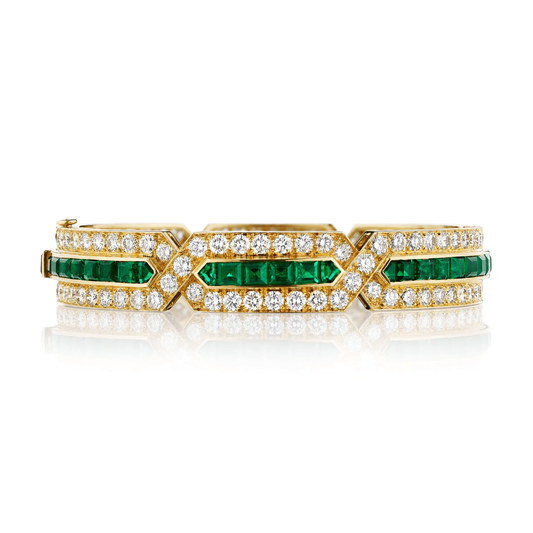 Van Cleef & Arpels Paris 1980s 18KT Yellow Gold Emerald & Diamond Bracelet front