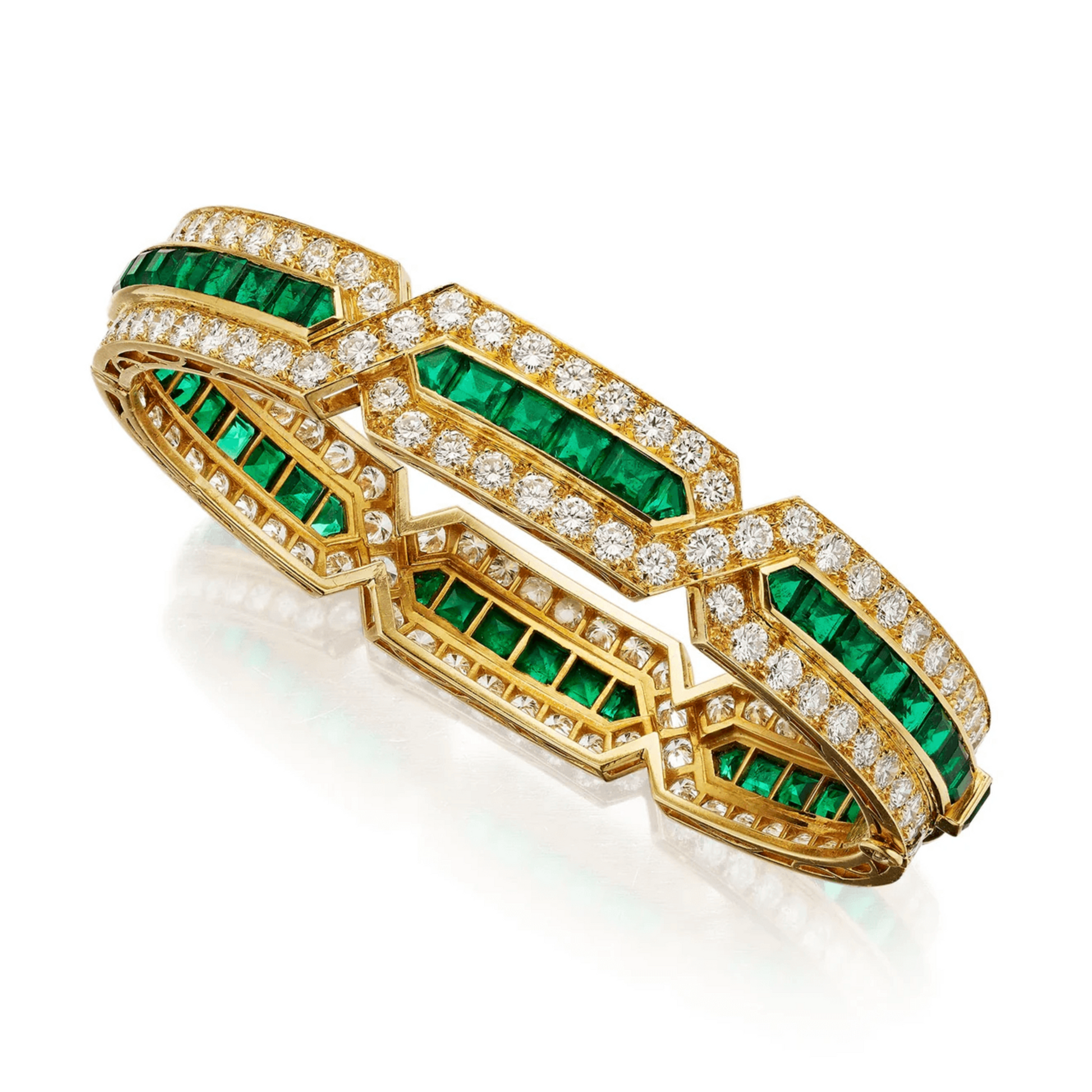 Van Cleef & Arpels Paris 1980s 18KT Yellow Gold Emerald & Diamond Bracelet front