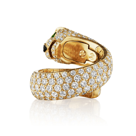 Cartier Paris Post-1980s 18KT Yellow Gold Diamond, Emerald & Onyx Panthère Lakarda Ring side