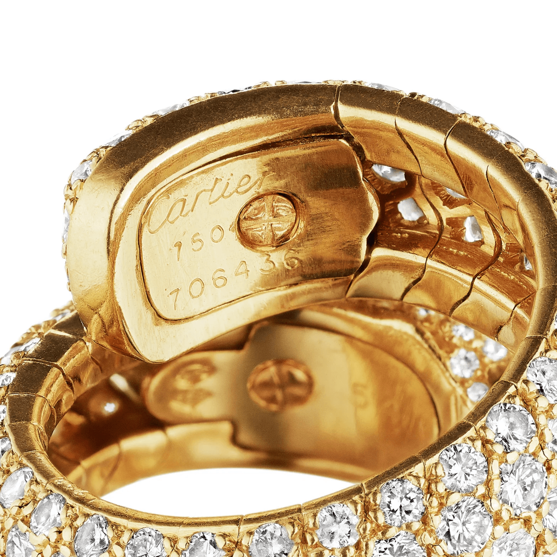 Cartier Paris Post-1980s 18KT Yellow Gold Diamond, Emerald & Onyx Panthère Lakarda Ring signature