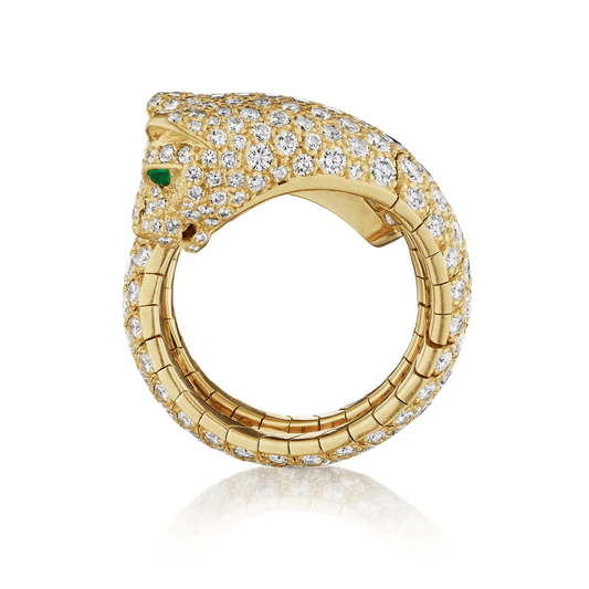 Cartier Paris Post-1980s 18KT Yellow Gold Diamond, Emerald & Onyx Panthère Lakarda Ring profile