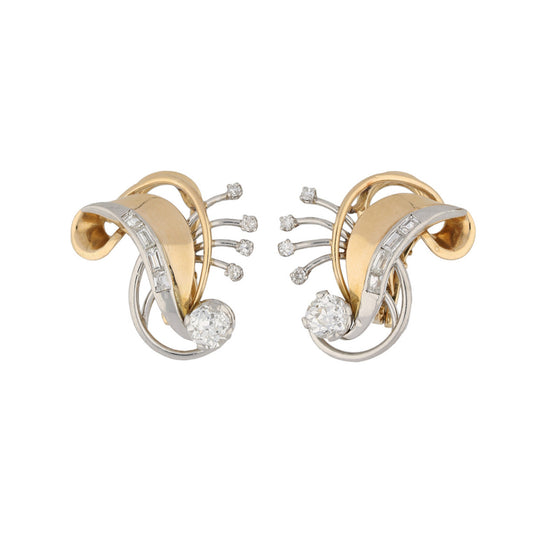 French 1950s Platinum & 18KT Yellow Gold Diamond Earrings front