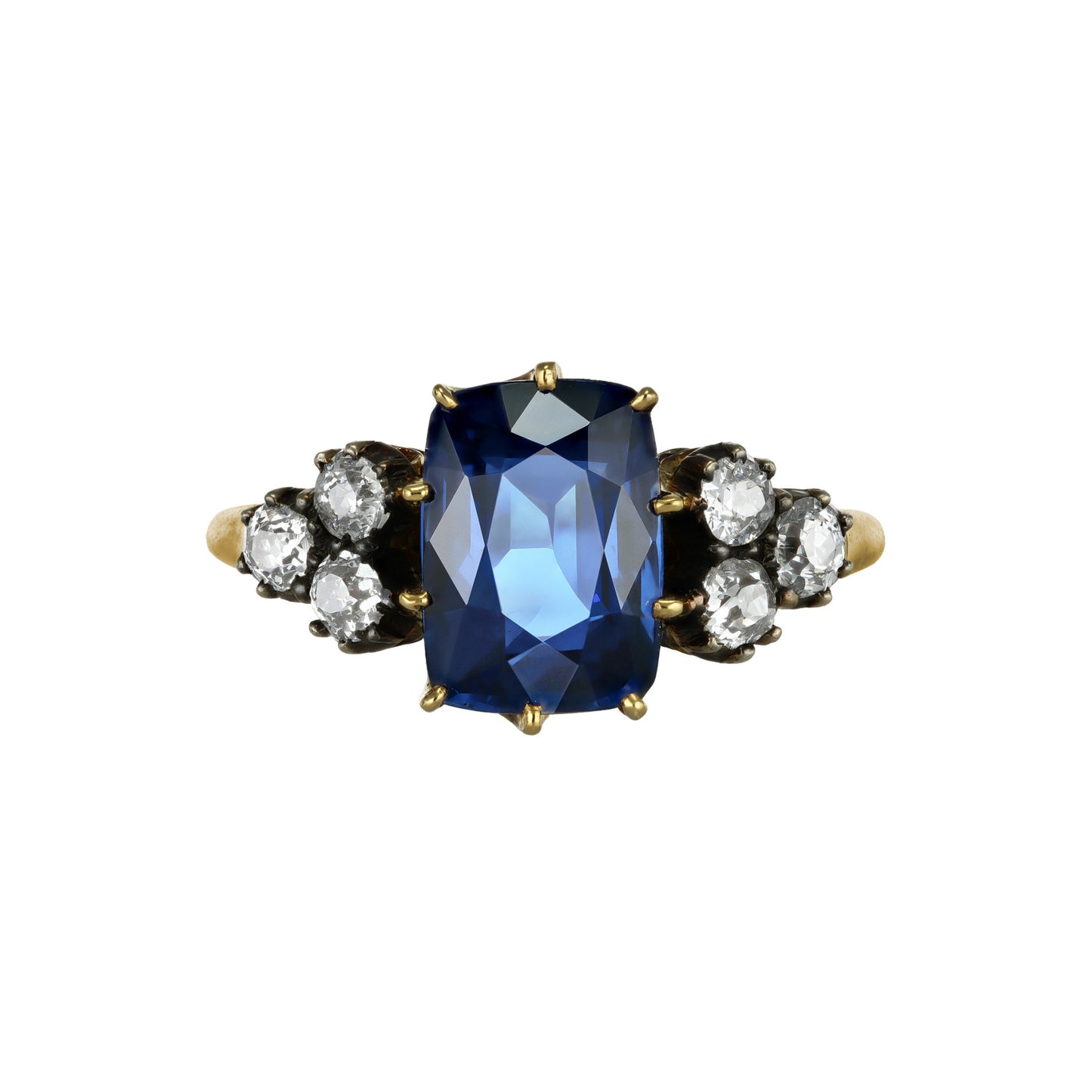 Victorian Silver & 18KT Yellow Gold Sapphire & Diamond Ring front