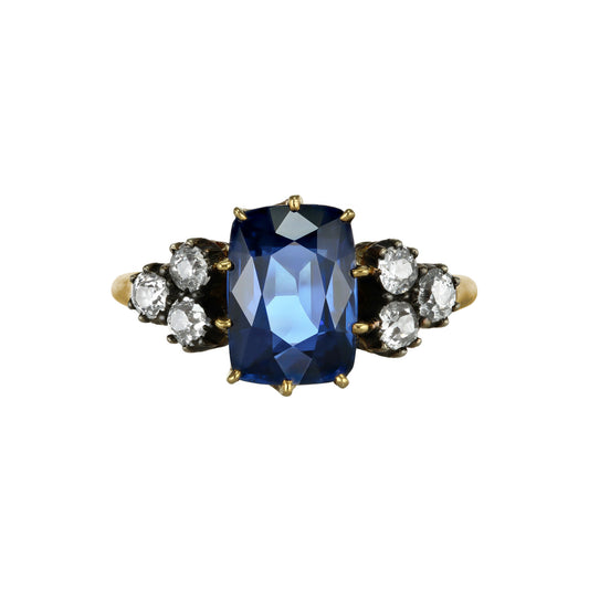 Victorian Silver & 18KT Yellow Gold Sapphire & Diamond Ring front