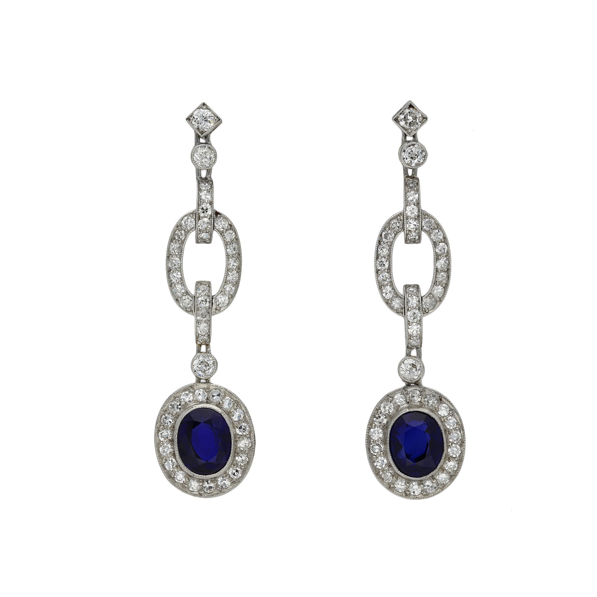 Art Deco Platinum Sapphire & Diamond Earrings front