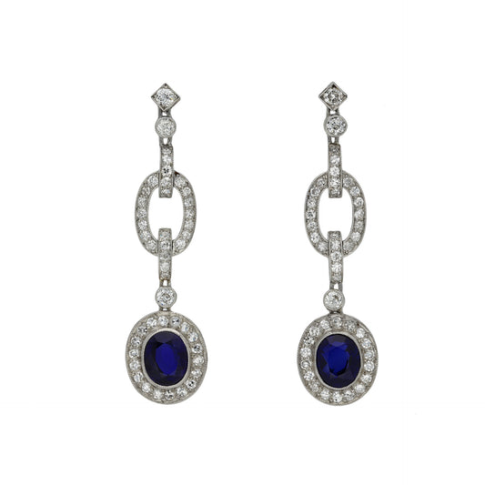 Art Deco Platinum Sapphire & Diamond Earrings front