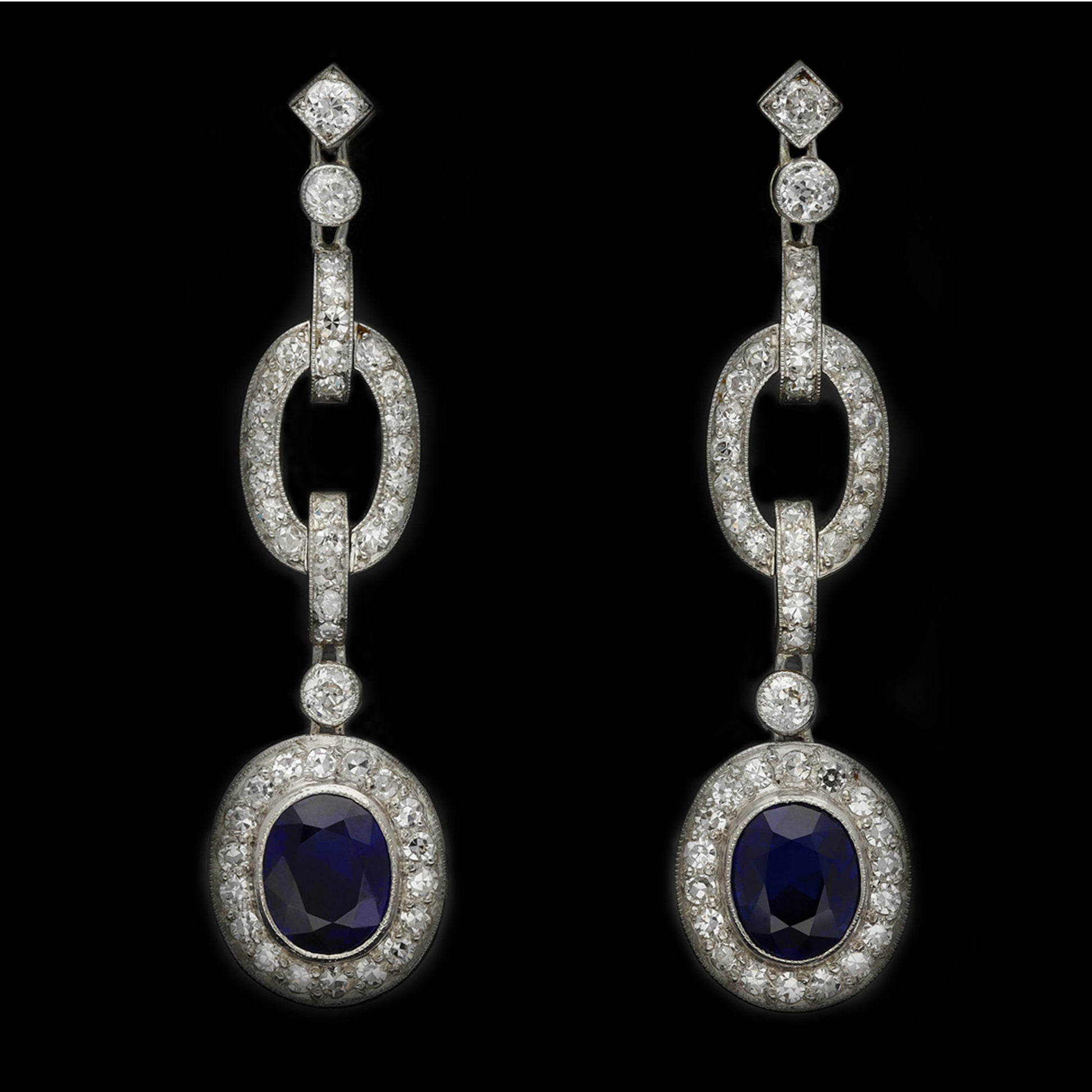 Art Deco Platinum Sapphire & Diamond Earrings front
