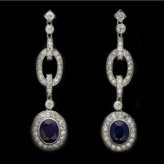 Art Deco Platinum Sapphire & Diamond Earrings front