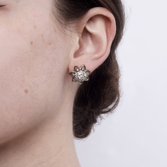 1940s Platinum & 18KT Yellow Gold Diamond Earrings on ear