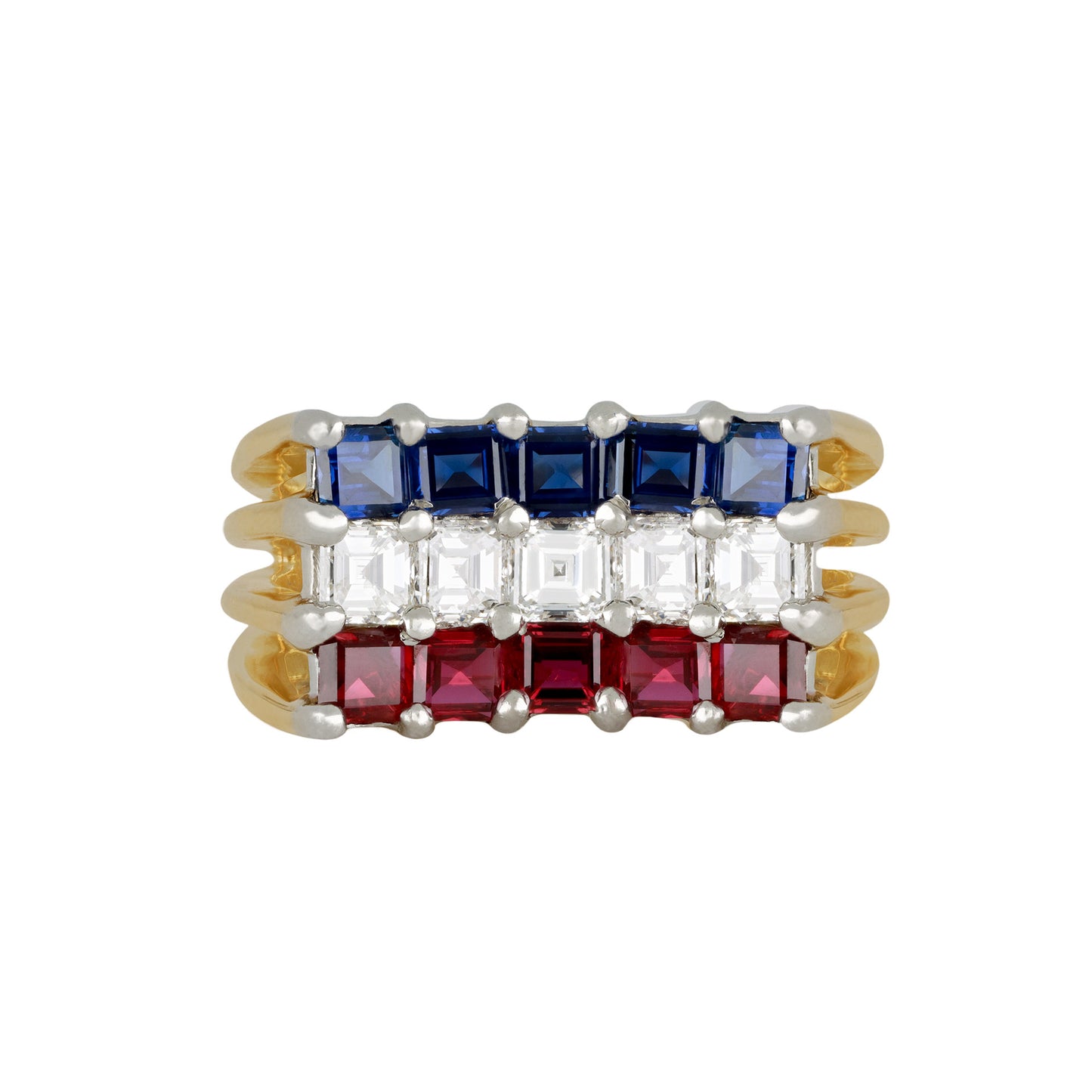 Cartier 1970s Platinum & 18KT Yellow Gold Diamond, Ruby & Sapphire Ring front